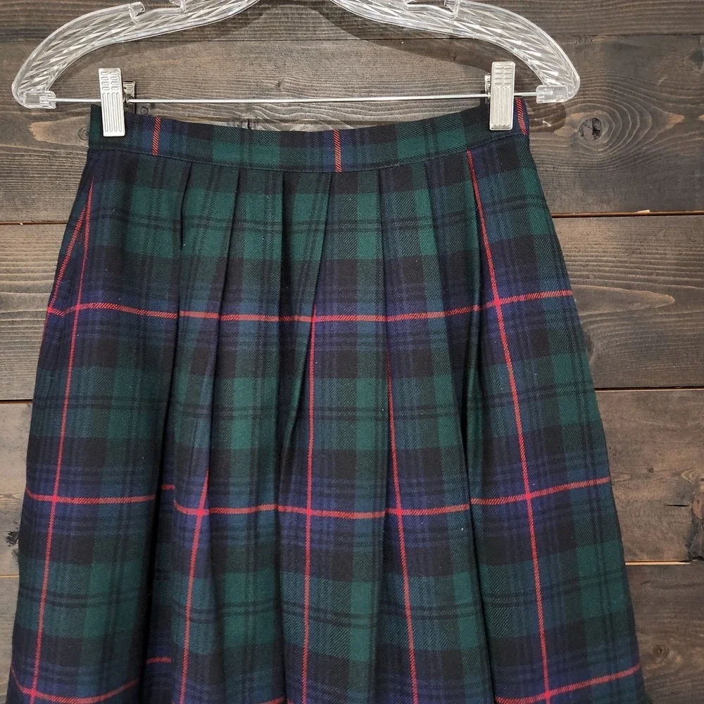 Vintage Wool Green Blue Tartan Plaid Pleated Midi Skirt Waist 25